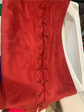 New York & Company Red Suede Lace-Up Midi Skirt